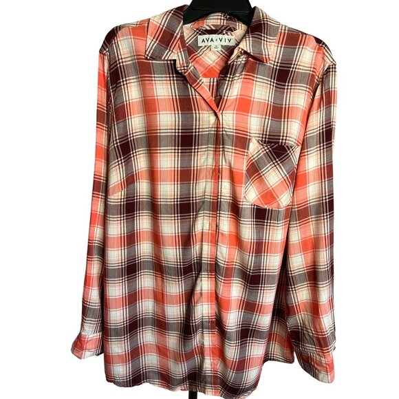 Ava & Viv Women's Plaid Button-Down Shirt Size 1X Long Sleeve Red-White-Brown - Picture 8 of 10
